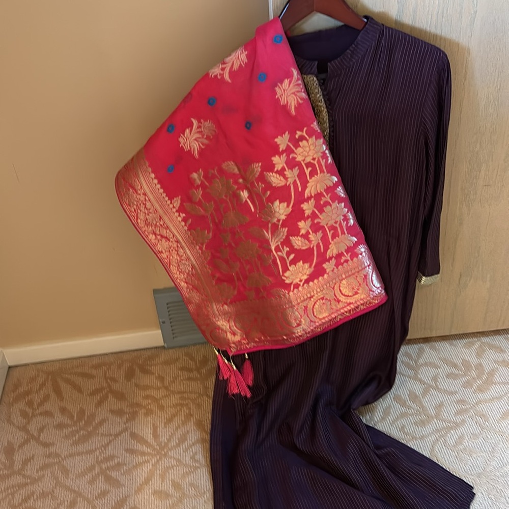 Purple Long Sleeve Kurta with Gold Detailing